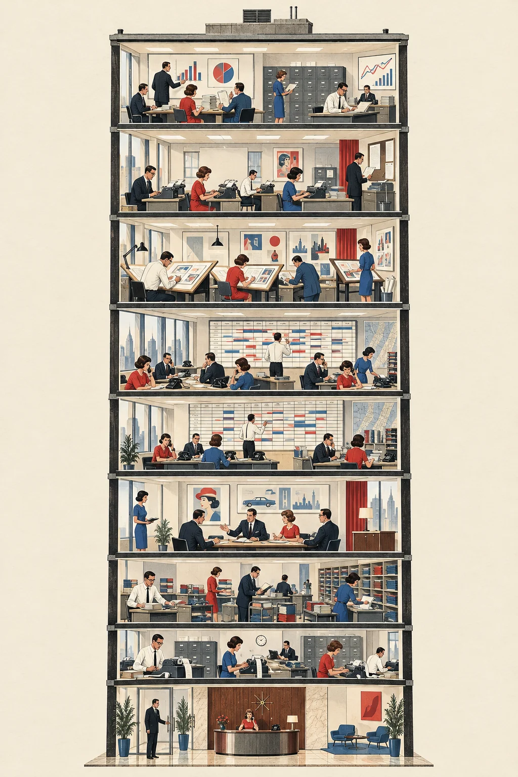 Illustration: a 1960s advertising agency building cut open, nine floors of people at work.