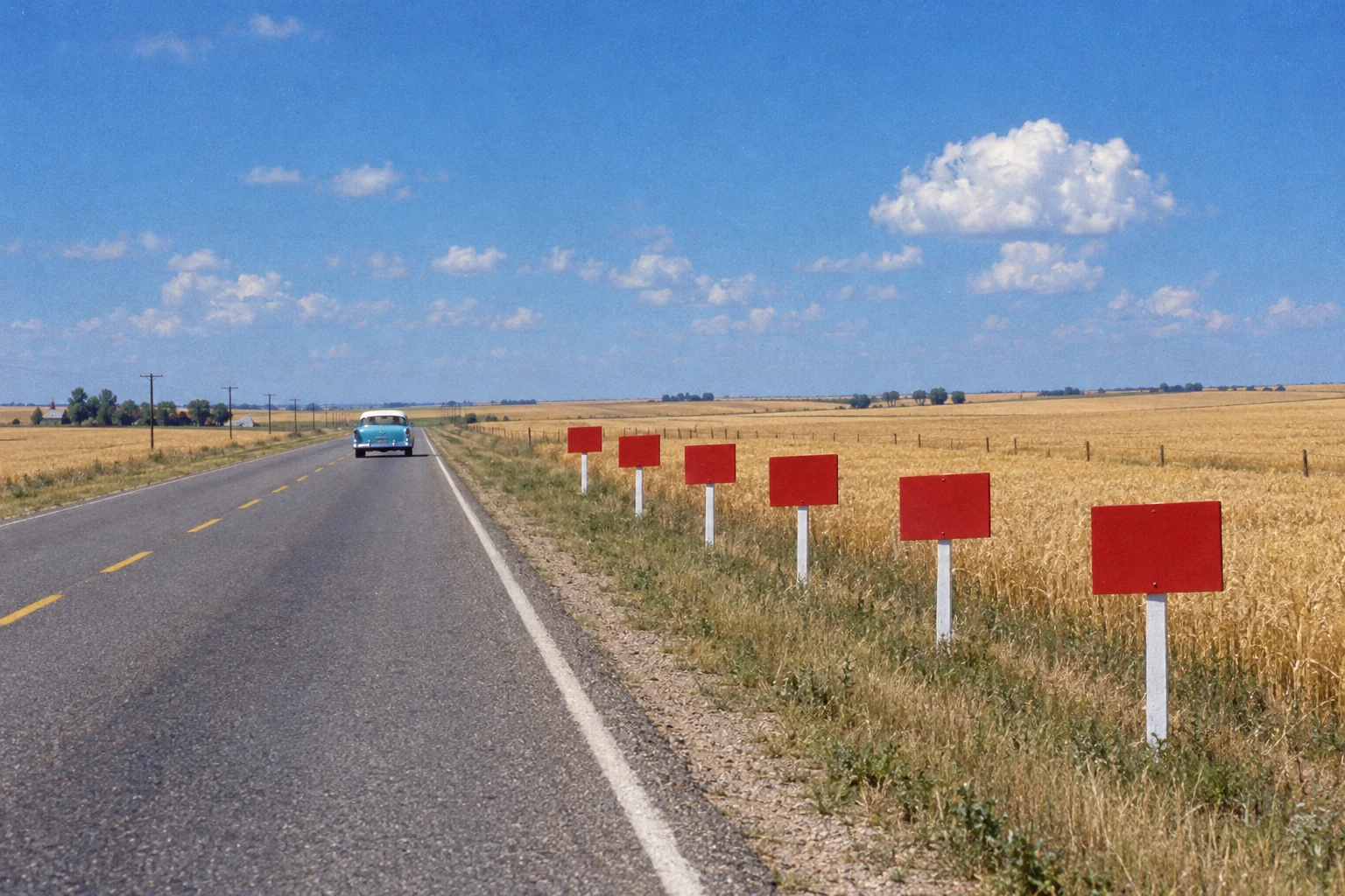 A highway through wheat fields with six small red signs carrying a rhyme.