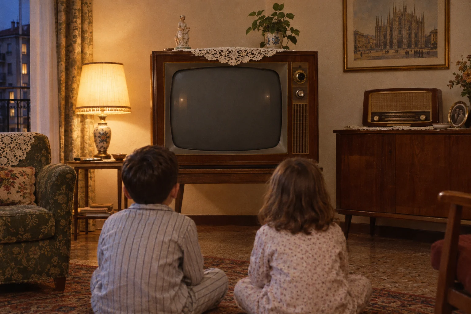 Two children watch a 1950s television in a Milan living room; the screen shows a scheduled post.